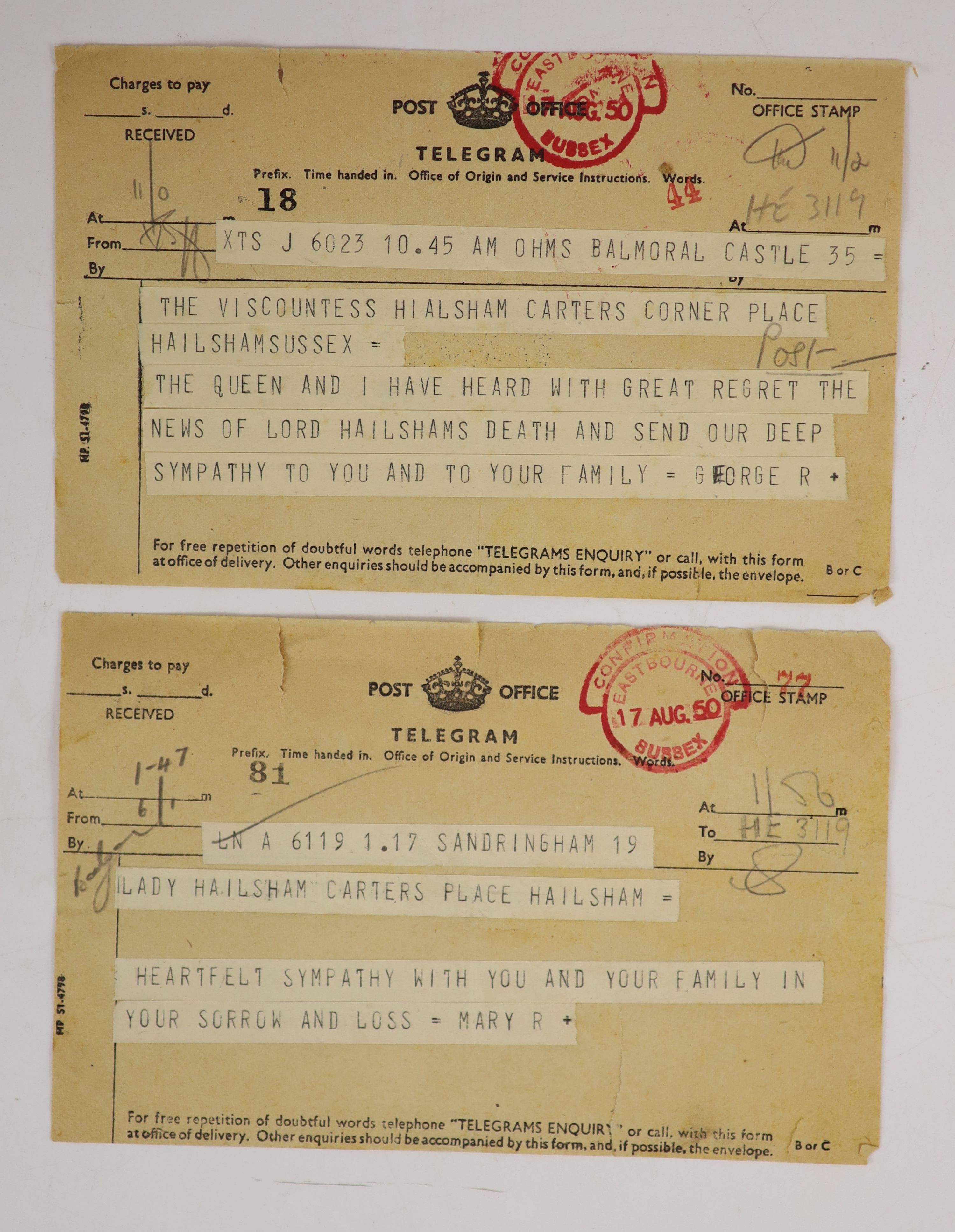 Chamberlain, Neville (1869-1940) An a/l, 4pp, 8vo, to Douglas Hogg, from 11, Downing Street, dated July 20th, 1936, another, 7pp, 8vo, with envelope, addressed to The Right Hon. The Viscount Hailsham, Carters Corner, Pla